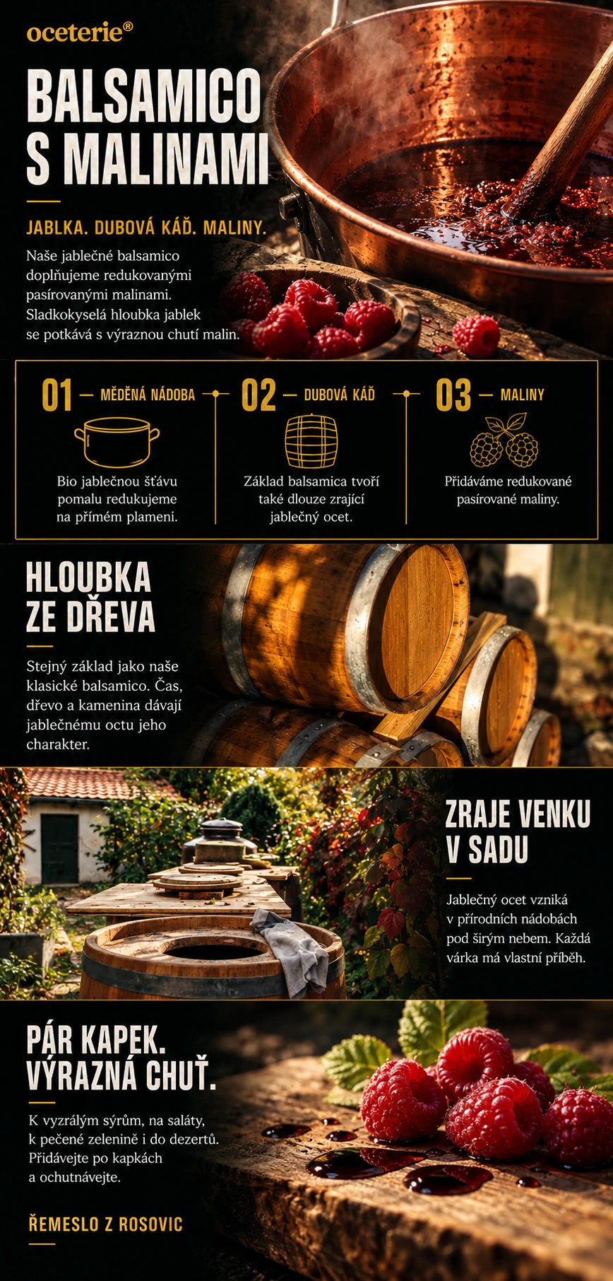 Balsamico s malinami: výroba, původ a použití. Textový přepis pod obrázkem.