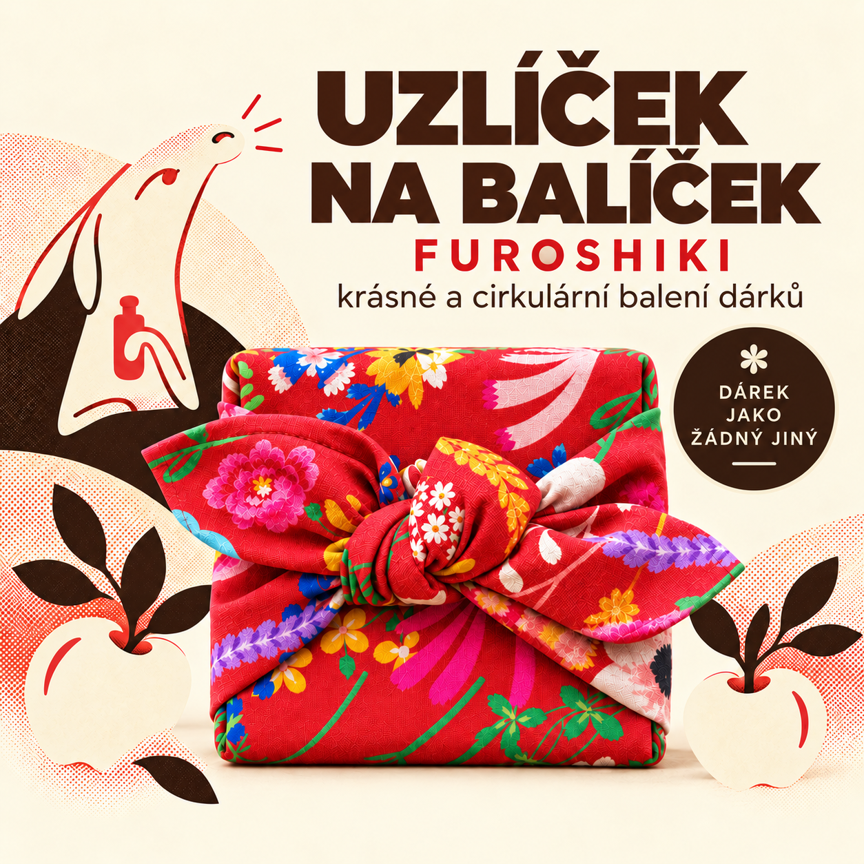 Uzlíček na balíček — dárek zabalený do květované látky furoshiki